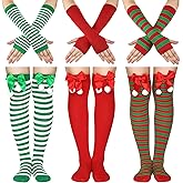 Coume 3 Sets Christmas Knee Thigh High Socks Arm Warmer Fingerless Gloves Xmas Striped Thigh High Stockings for Women Cosplay Party