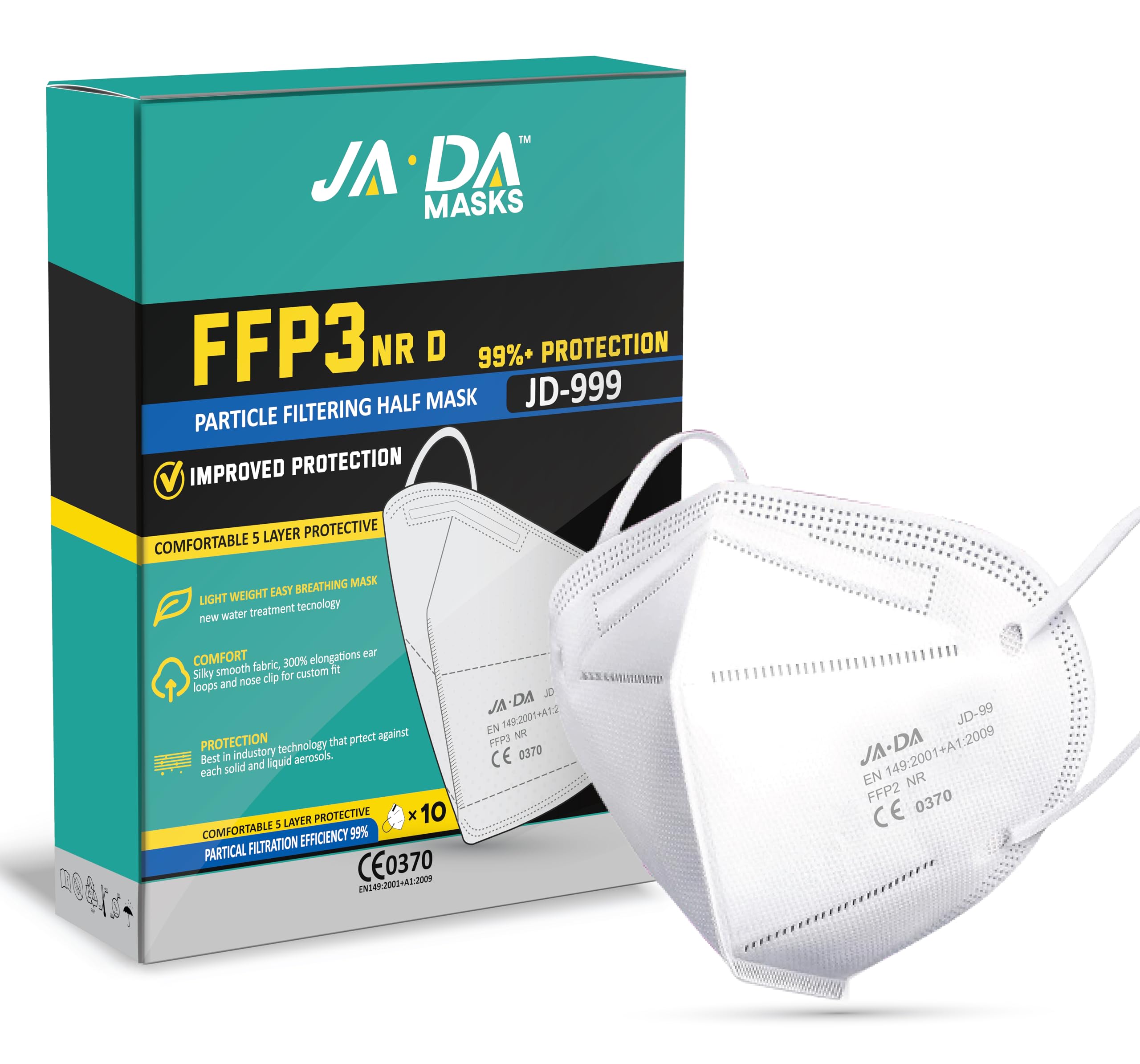 FFP3 Masks Pack of 10 With >99% Filtration Efficiency - Disposable Face Mask UK - Soft And Secure Fit (Packaging may vary)