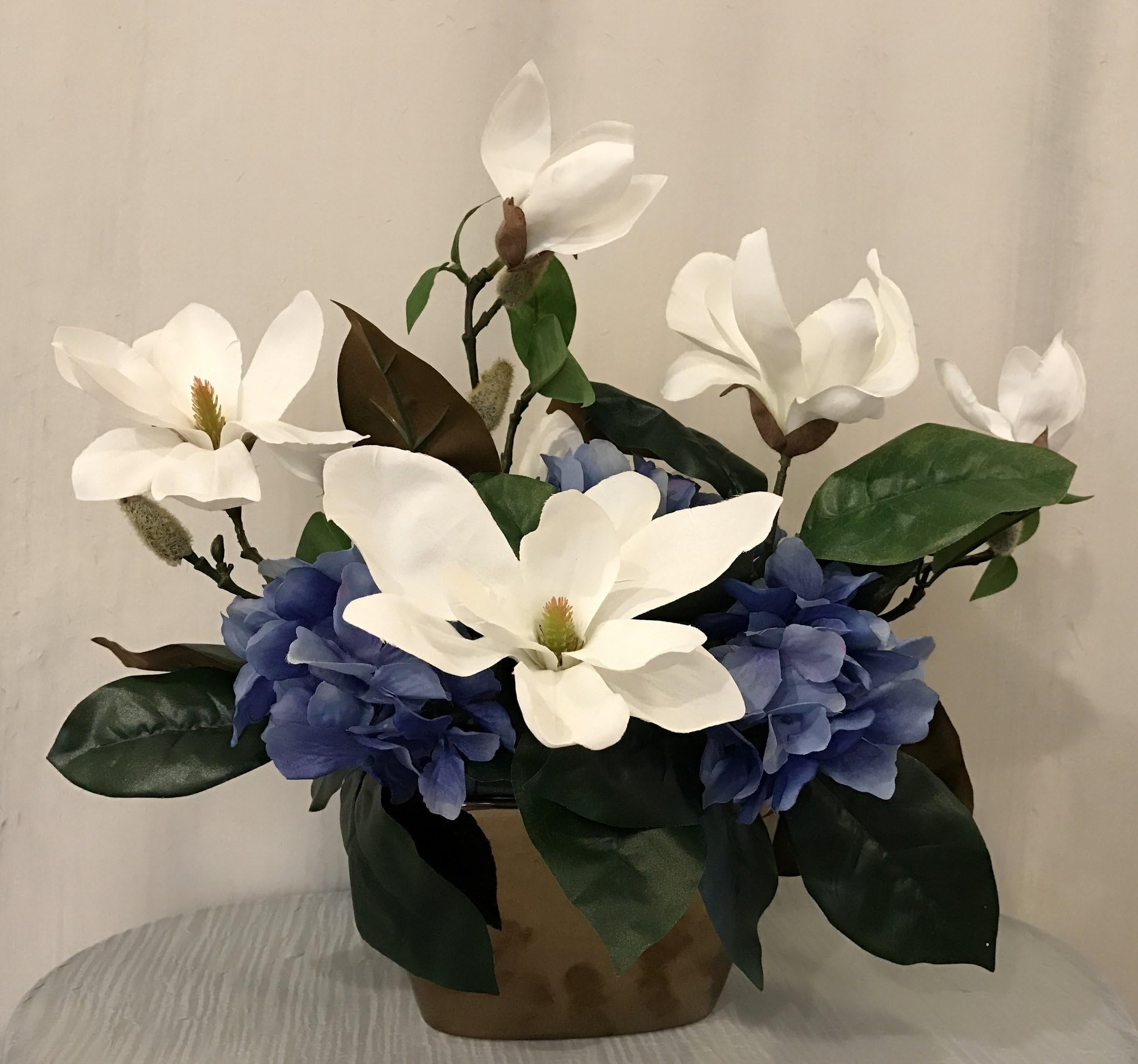 Magnolia and Hydrangea Arrangement in Ceramic Vase, White and Green, Office Home Indoor Decor Flower Centerpiece, Handcrafted at the Floral Mart