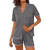 Ekouaer Womens Pajama Sets Button Up Bride Pjs Set 2 Piece Soft Sleepwear Short Sleeve Lounge Sets with Shorts, S-XXL