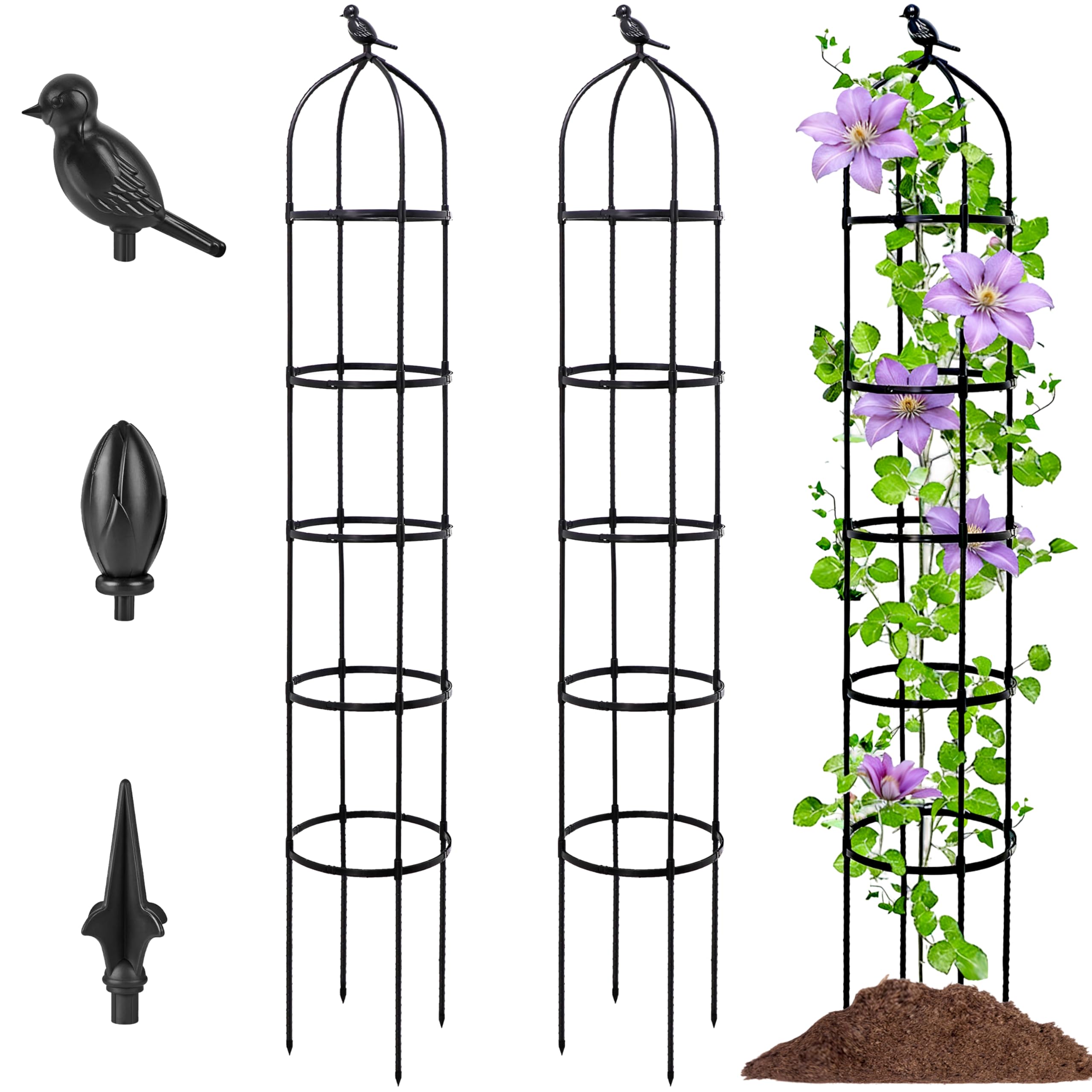 Photo 1 of 2-Pack 6.7FT Garden Obelisk Trellis for Climbing Plants,Adjustable 5-Tier Metal Plant Support,Rustproof Outdoor Plant Tower with 3 Decorative Tops for Roses,Tomatoes,Clematis & Vines,Black
