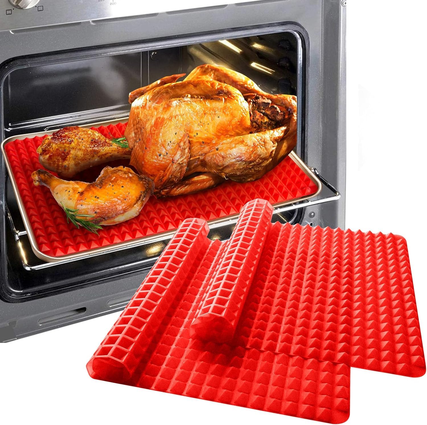 Diamond Chef Silicone Pyramid Mat Baking Cooking Mats Oven Sheet Non-Stick Pastry Large Value 2 Pack, Reducing Healthy Heat-Resistant for Grilling BBQ 15.1 X 10.6Inch (2 Pack Red Mat)
