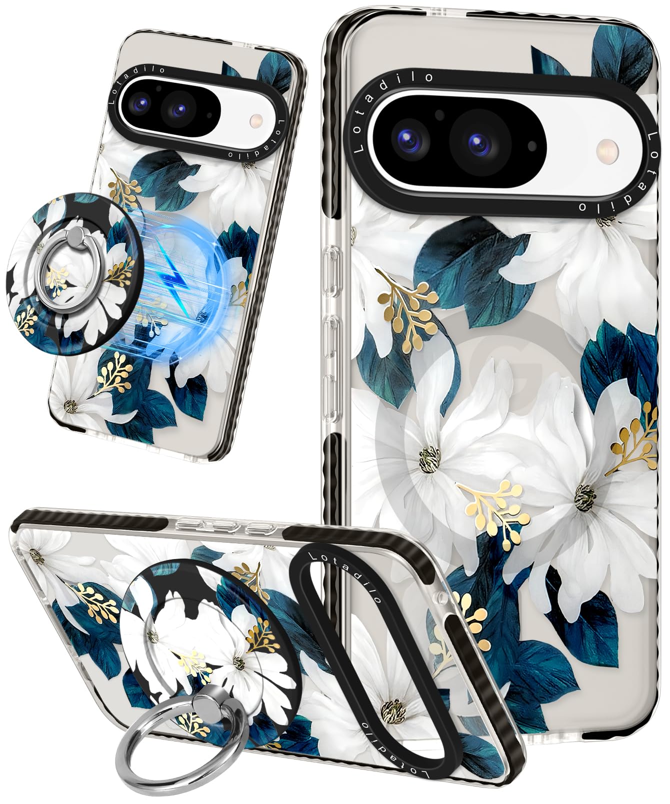 Photo 1 of Lotadilo Cute for Google Pixel 9 Pro/9 Case - Compatible with Magsafe Magnetic Ring Holder Stand Kickstand for Women Girls Girly Funny Fashion TPU Phone Case, Blue Flower