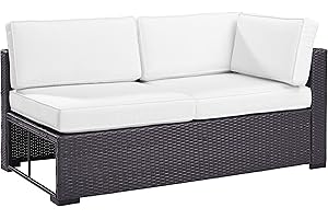 Crosley Furniture Biscayne Outdoor Sectional Loveseat, 2-Person Wicker Patio Couch for Deck, Backyard, Brown with White Cushions