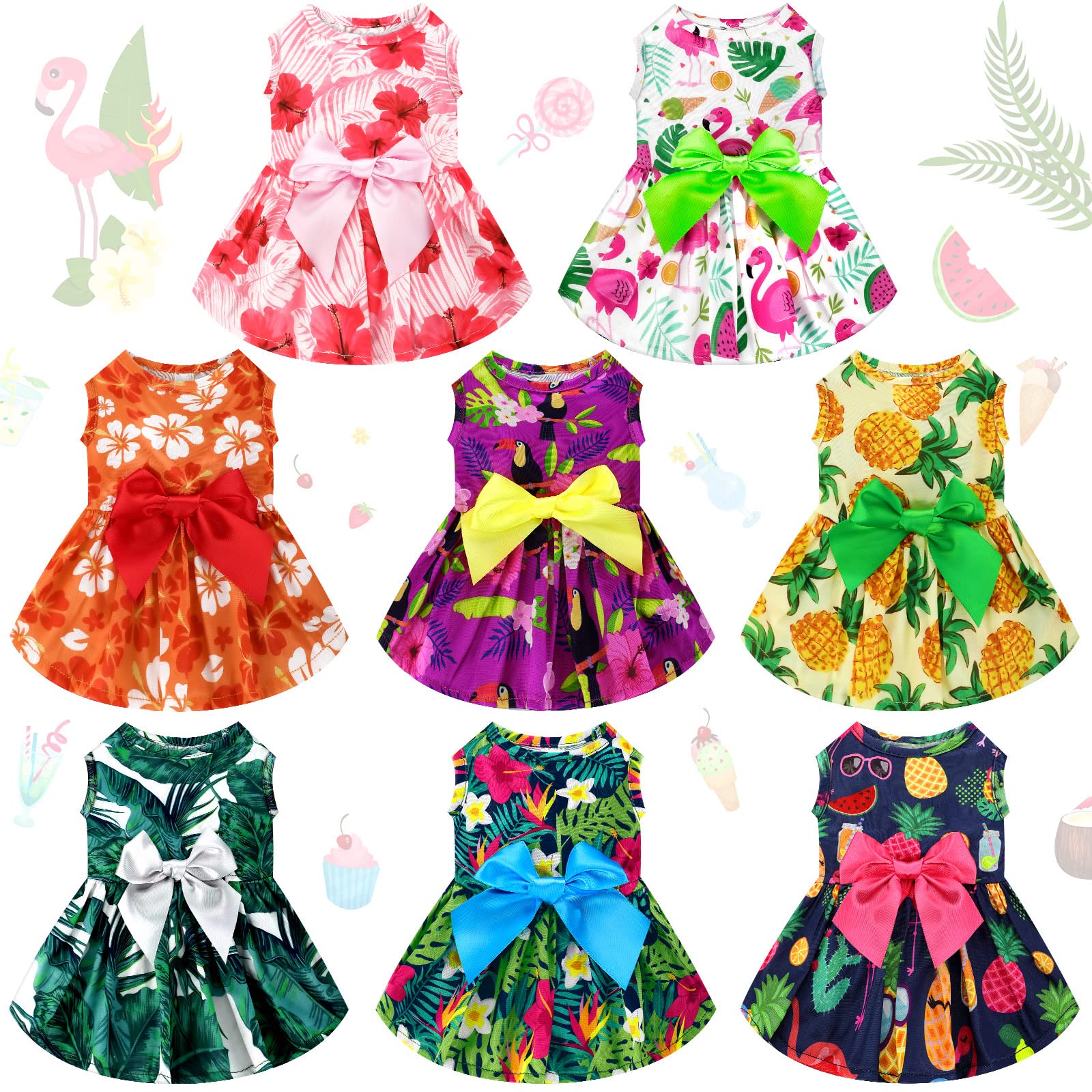 Photo 1 of (MISSING 4) LEIFIDE 8 Pcs Summer Themed Hawaii Dog Dresses Holiday Flamingo Fruit Floral Pattern Pet Skirts Hawaii Puppy Princess Dresses Outfits Bowknot for Girl Dogs Cats Beach(XL)