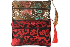 kilofly 2 pc Chinese Silk Brocade 2 Zipper Pocket Tassel Jewelry Bag Gift Pouch