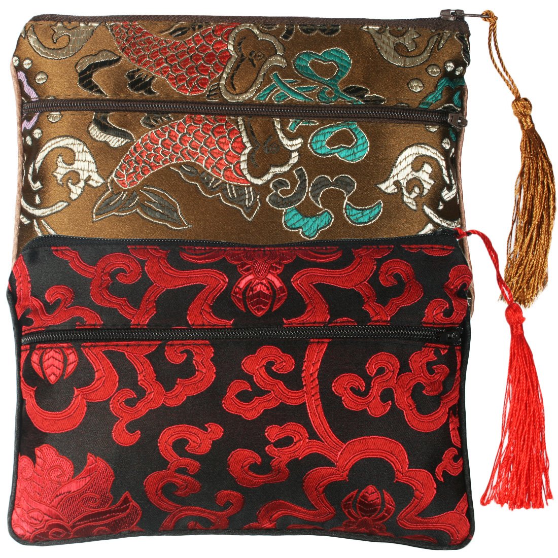 kilofly Chinese Silk Brocade 2 Zipper Pockets Tassel Jewelry Pouch Bag, Set of 2