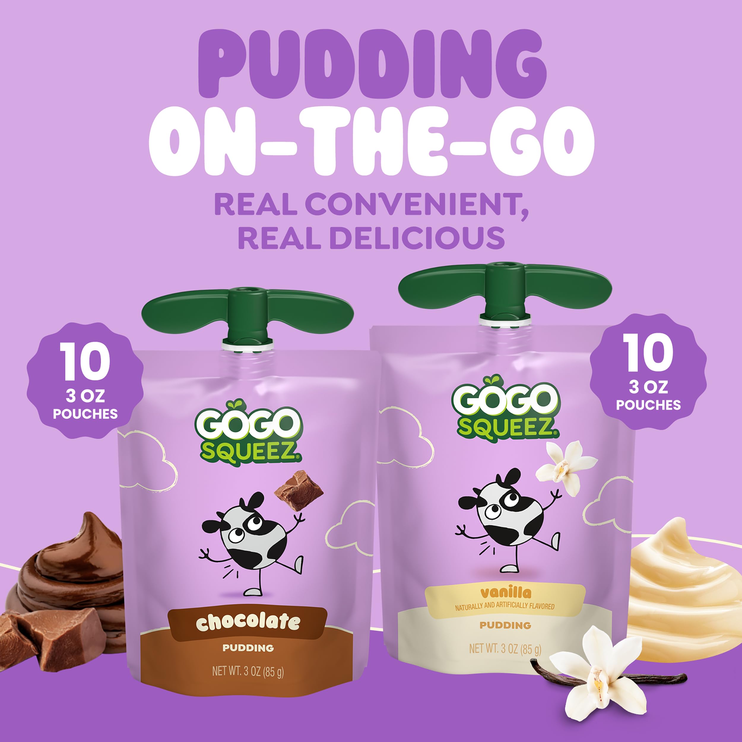 GoGo SqueeZ PuddingZ Variety Pack, On-the-Go Chocolate and Vanilla Pudding, 3 oz. Pouches (Pack of 20), BPA Free Pouches