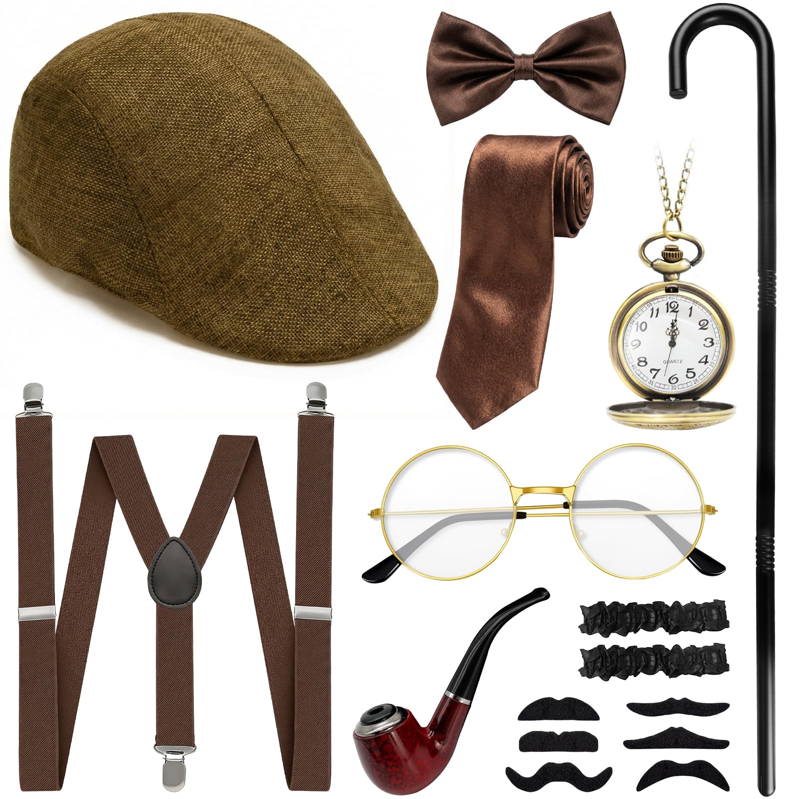 1920s Men's Accessories, 16PCS 1920 Fancy Dress for Men, Fedora Hat, Pocket Watch, Bow Tie, Beard Set, Suspenders, Glasses, Roaring Retro Gangster Costume,1920s Men’s Costumes for Theme Parties
