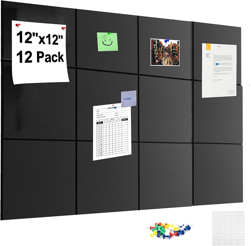 Bigingjia 12 Pack Felt Bulletin Board with Adhesive Tabs & 60 Pins