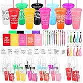 Widecook 181 Pcs Employee Appreciation Gifts 24 oz Inspirational Plastic Cups with Lid and Straw Notebooks Ballpoint Pens Keychains PVC Gift Bags Thank You Supplies for Teacher Coworker Staff(Novel)