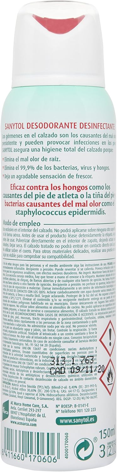 Sanytol Shoe Deodorant Disinfectant Spray - 150 ml, 150 ml (Paquete de 1), 150 ml (Pack of 1) - Image 3