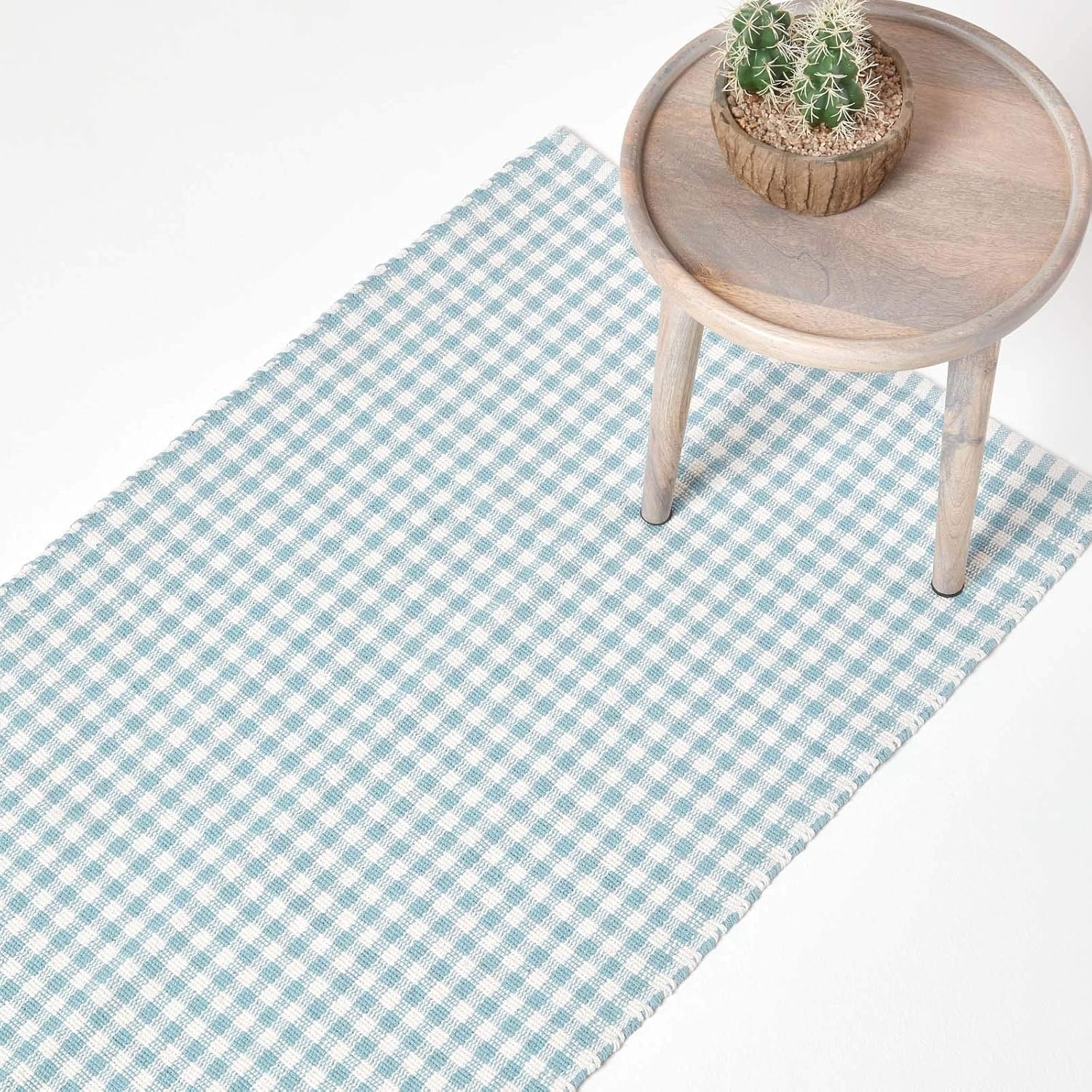 HOMESCAPES 100 Cotton Gingham Check Runner Hand Woven Light Blue White