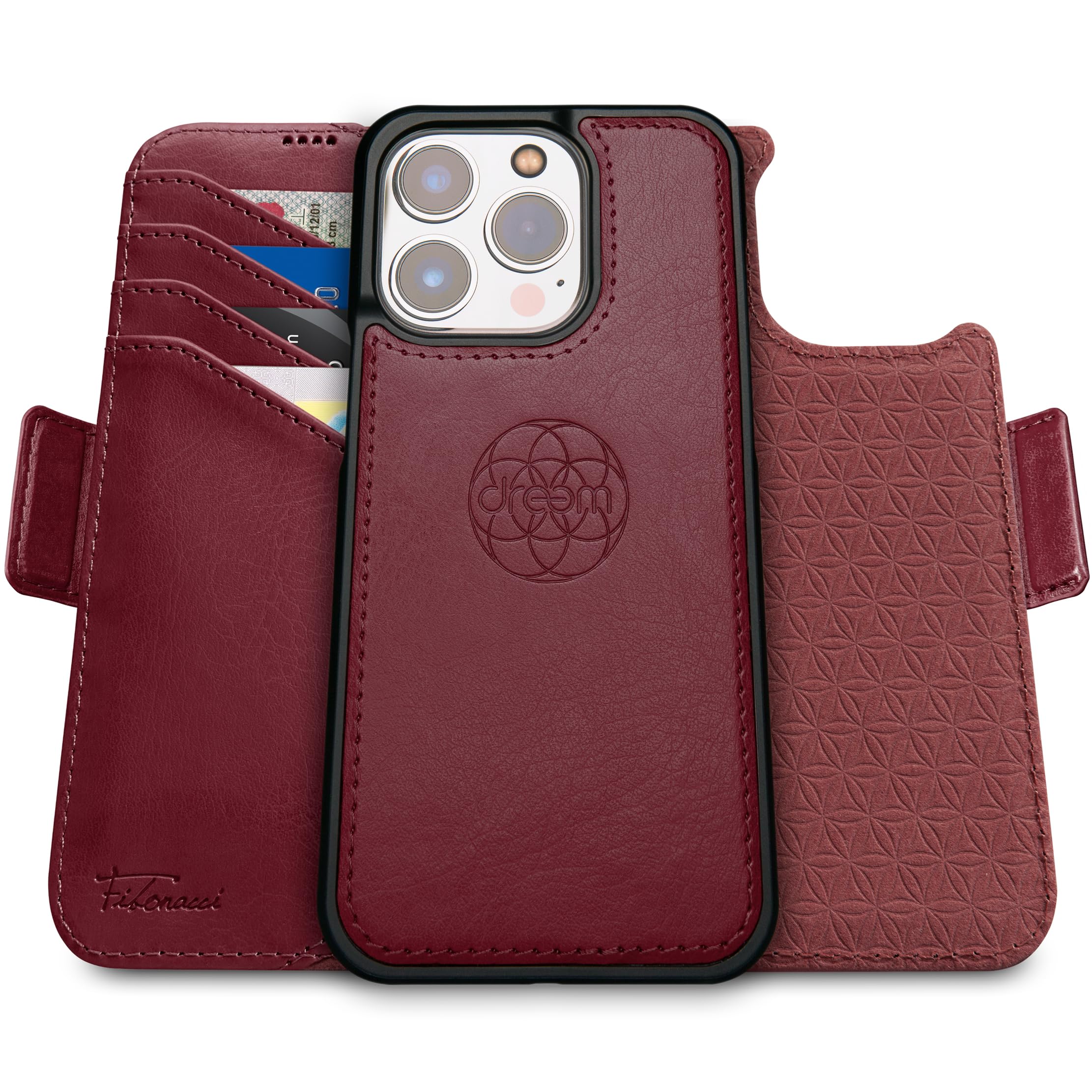 dreem Wallet Case for iPhone 15 Pro, Revolutionary Vert/Hor Phone Stand, Magnetic Detachable Vegan Leather Flip Cover RFID Blocking Card Holder, MagSafe-Fit, Gift Box [Fibonacci: Burgundy] — image 1