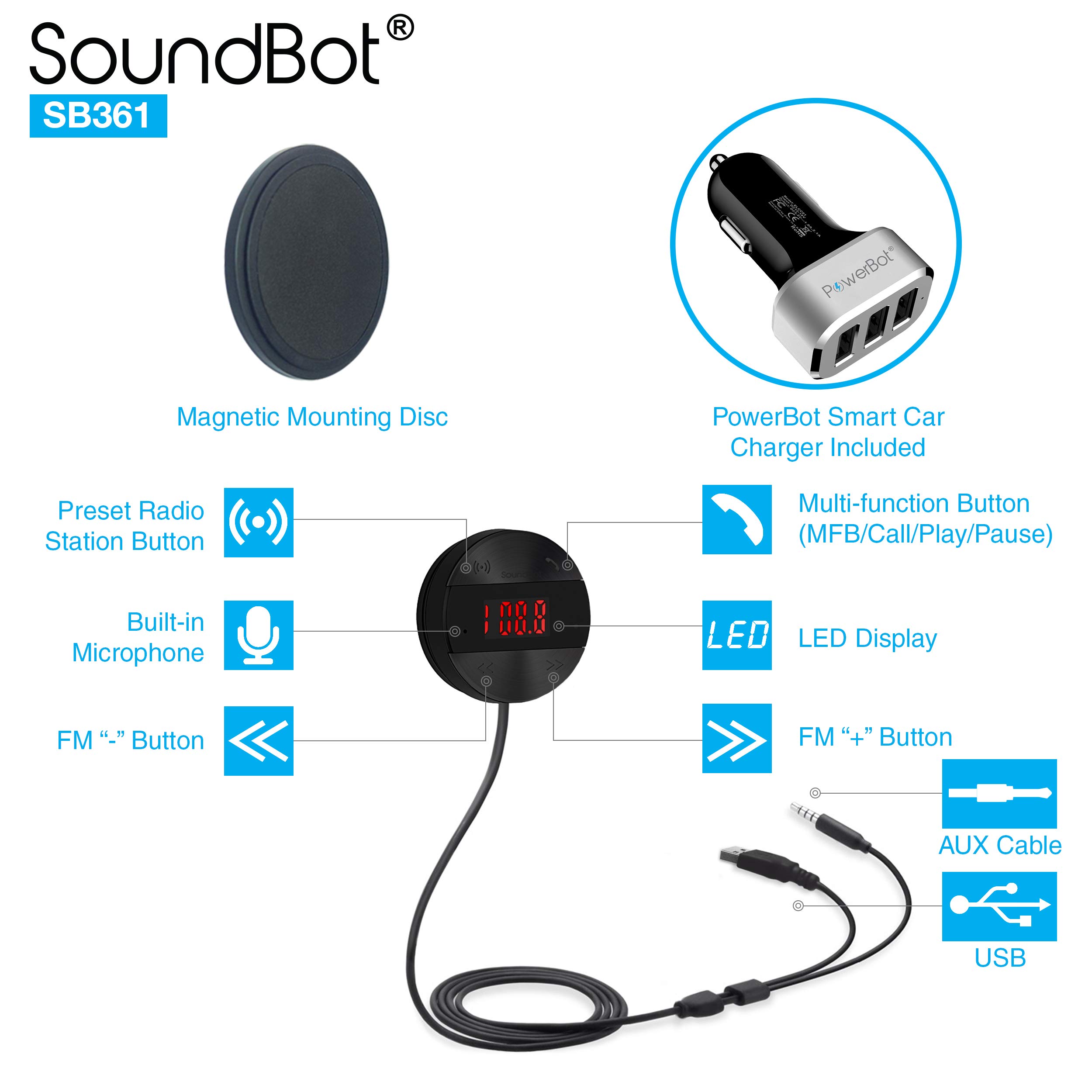 Soundbot SB361 FM Radio Wireless Car Kit Universal Receiver Transmitter Accessory Full Spectrum HD Music Streaming Hands Free Talking LED Display Voice Command Built-in Mic USB ChargerSB361-BLK/BLK