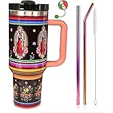KJXRHQZ 40oz Mexican Virgen de Guadalupe Floral Tumbler Insulated Stainless Steel Insulated Travel Mug with Handle & Straw Lid, Coffee Mug/Cup, Cup Holder Friendly Leakproof Gift(Flowers)