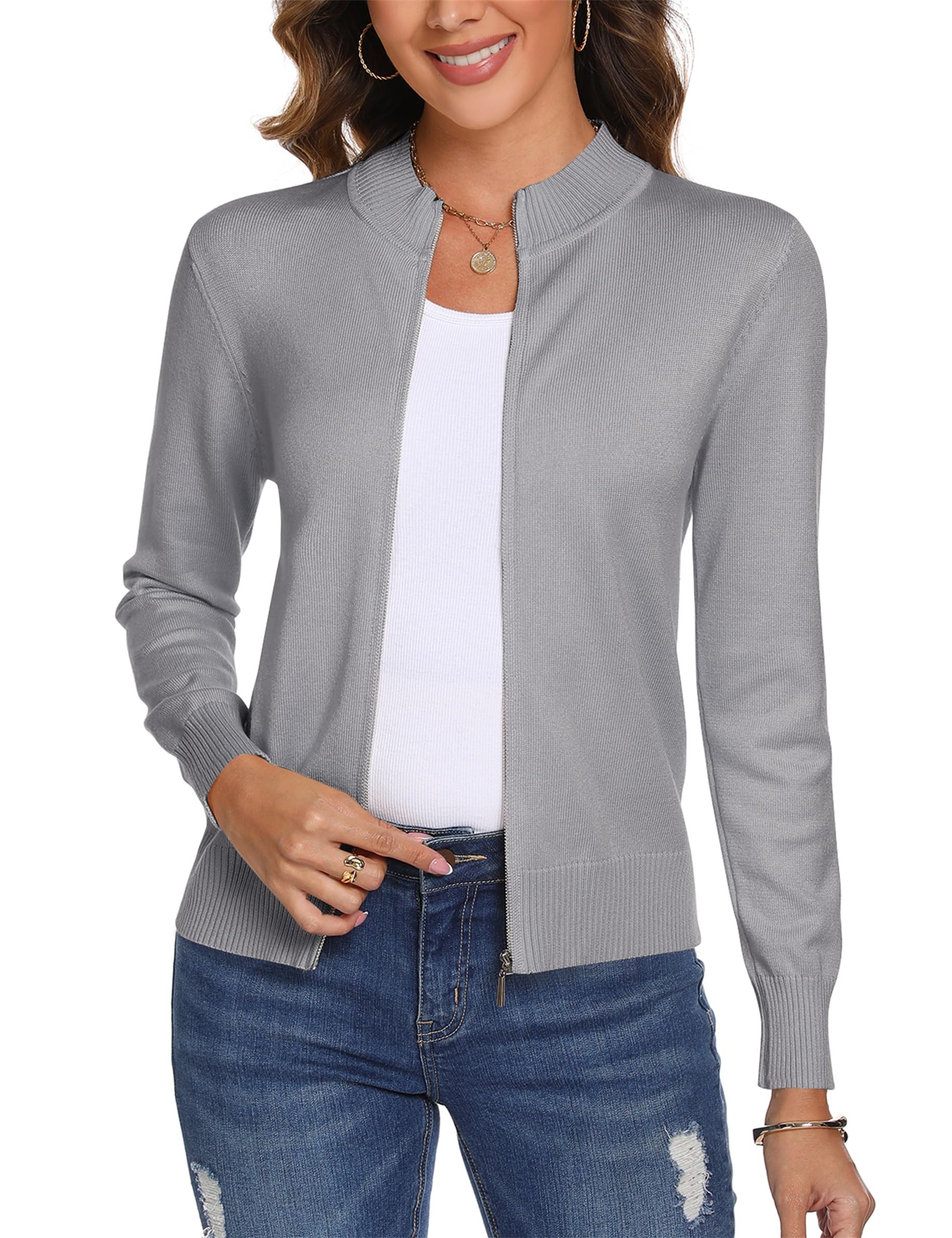 Totatuit Casual Lightweight Zip Front Jacket for Women Long Sleeve Knitted Sweatshirts Crewneck Clothes Open Front Cardigan Tops Image