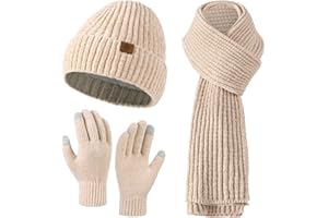 Clothirily Winter Beanie Hat Scarf Gloves Set for Women, Slouchy Womens Winter Hats Long Scarf Touchscreen Gloves 3 in 1 Set