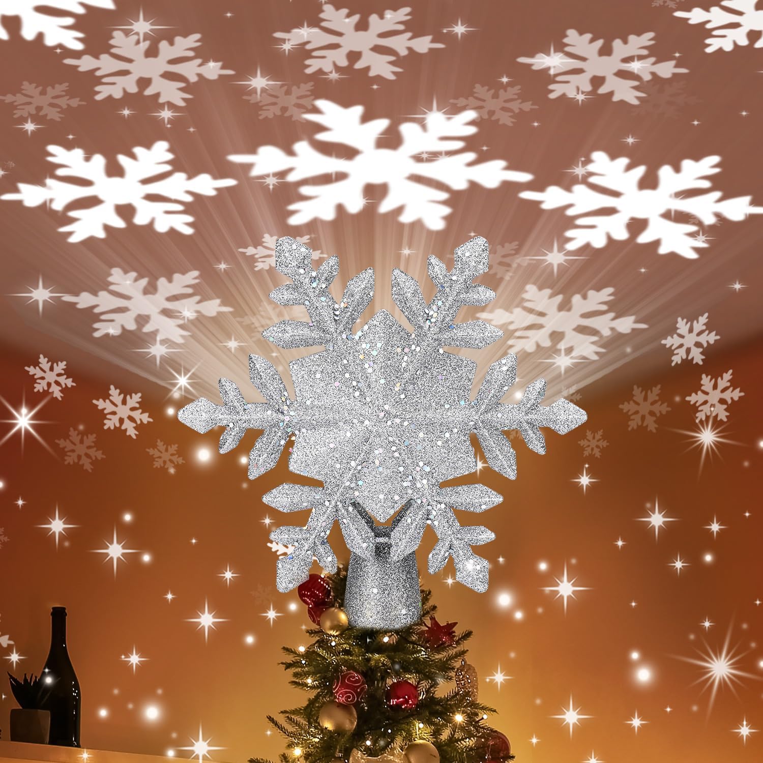 Tree Toppers - Christmas Tree Topper Lighted with 6 Projection Modes,Snowflake Christmas Star Tree Topper Built-in Rotating Magic Cool Dynamic Projection 3D Glitter Hollow for Christmas Party Decorations