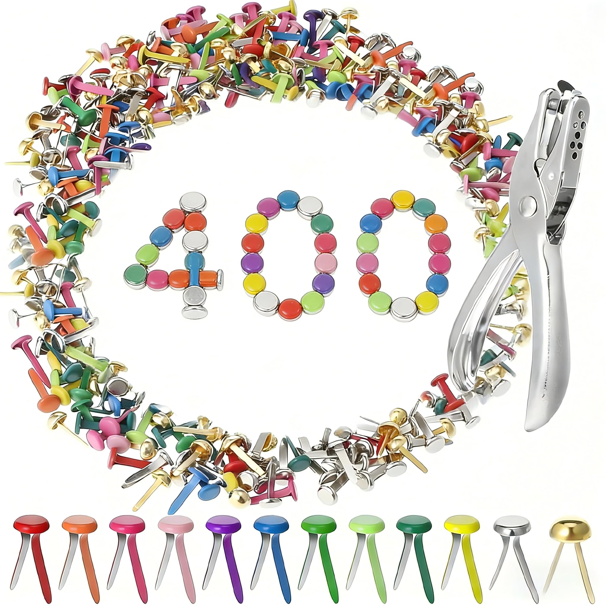 400 PCS Split Pins Paper Fasteners, 8 x 17mm Multicolor Split Pins, Scrapbooking Brads with 1 Single Hole Punch, Metal Paper Fasteners Mini Brads for DIY Crafts, Office, Household Supplies