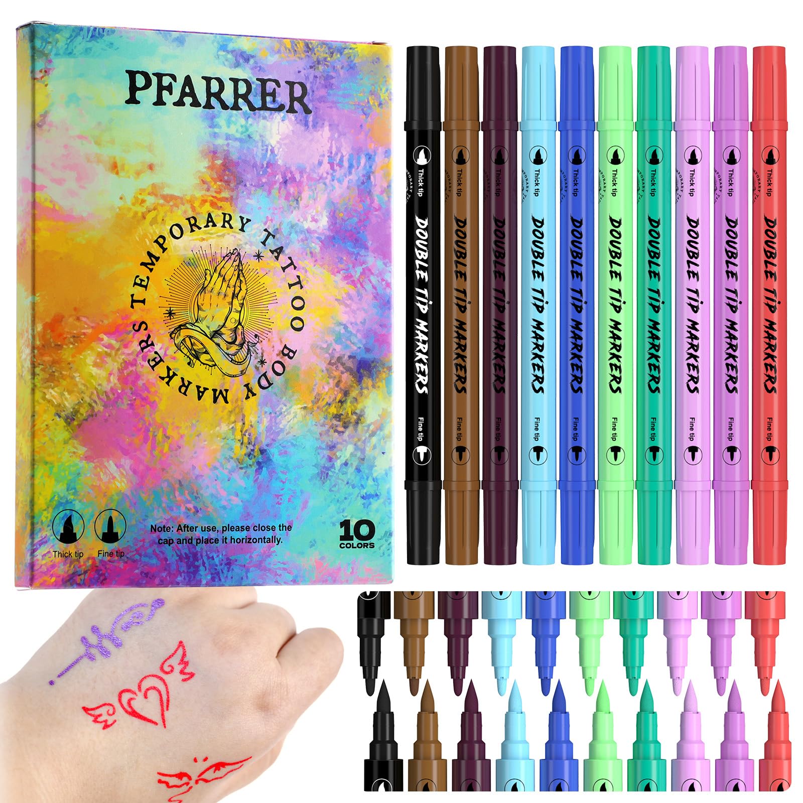 PFARRER Temporary Tattoo Markers for Skin, 10 Body Markers for Kids and Adults, Dual-End Tattoo Pens with Bold and Fine Lines safty ink ZYH2312111 — image 1