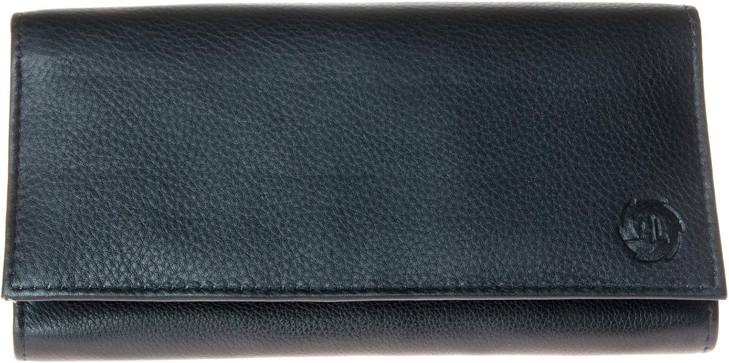 Waitress Style Large Soft Black Genuine Leather Wallet Without Closing Button, Schwarz