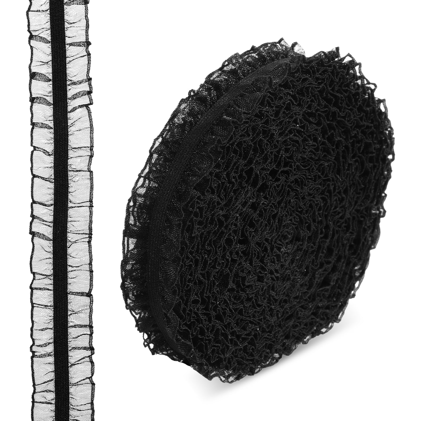 Photo 1 of 10 Yard Ruffle Trim Black Lace Ribbon 1 inc/25mm Pleated Net Lace Edge Double Satin Elastic Ruffle Ribbon Gathered for Sewing Wedding Bridal Dress Collars Gift Wrapping