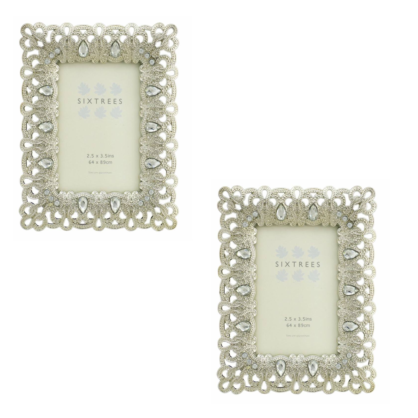 Sixtrees A Twinpack of Antique Vintage and Shabby Chic Style Silver Metal Photo Frames with Beads and Crystals in 10 Styles for 9 x 6.3 cm (64 x 89mm) Photos 3x2 Diana