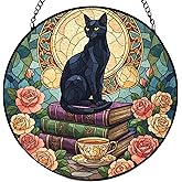 LIANGEAGOM Black Cat Floral Book Stained Glass Window Hanging, Black cat suncatcher,Beautiful Flowers Book Lovers Stained Glass Suncatcher, Book Reader Gifts Round Wall Hanging Decor, 7.9x7.9in