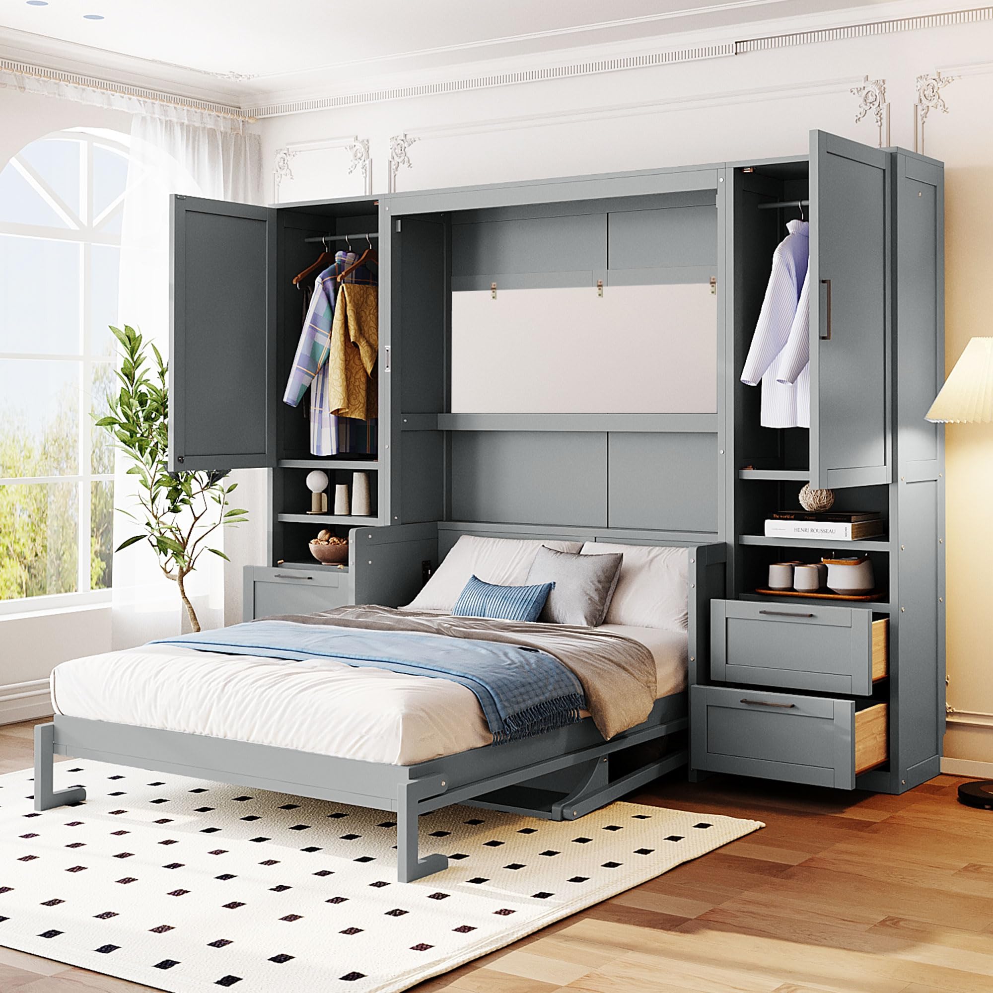 Photo 1 of **PARTIAL SET**BOX 4 OF 4**Merax Full Size Murphy Bed with Desk, Space-Saving Wall Bed Frame with Closet, Drawers and Shelves, Multifunctional Foldable Platform Bed for Small Spaces Studio Study Office Guest Room, Gray