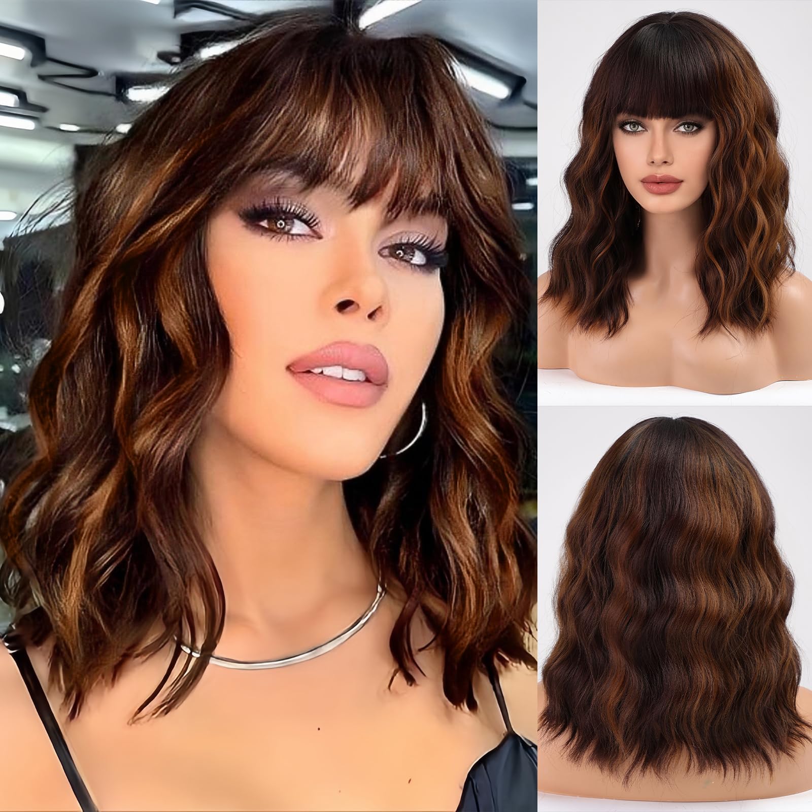 HAIRCUBE Short Charming Bob with Bangs Wigs for Woman Nature Heat Resistant Synthetic Fiber Party/Cosplay/Costume/Daily Wig (Brown with Highlight)