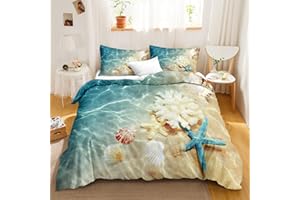 Bedbay Beach Bedding Set Queen Seashell Ocean Themed Bedroom Bedding Set 3 Pcs Soft Microfiber Seashell Couch Seaside Full Size Ocean Theme Bedding for Boys Girls (Turquoise,Queen)