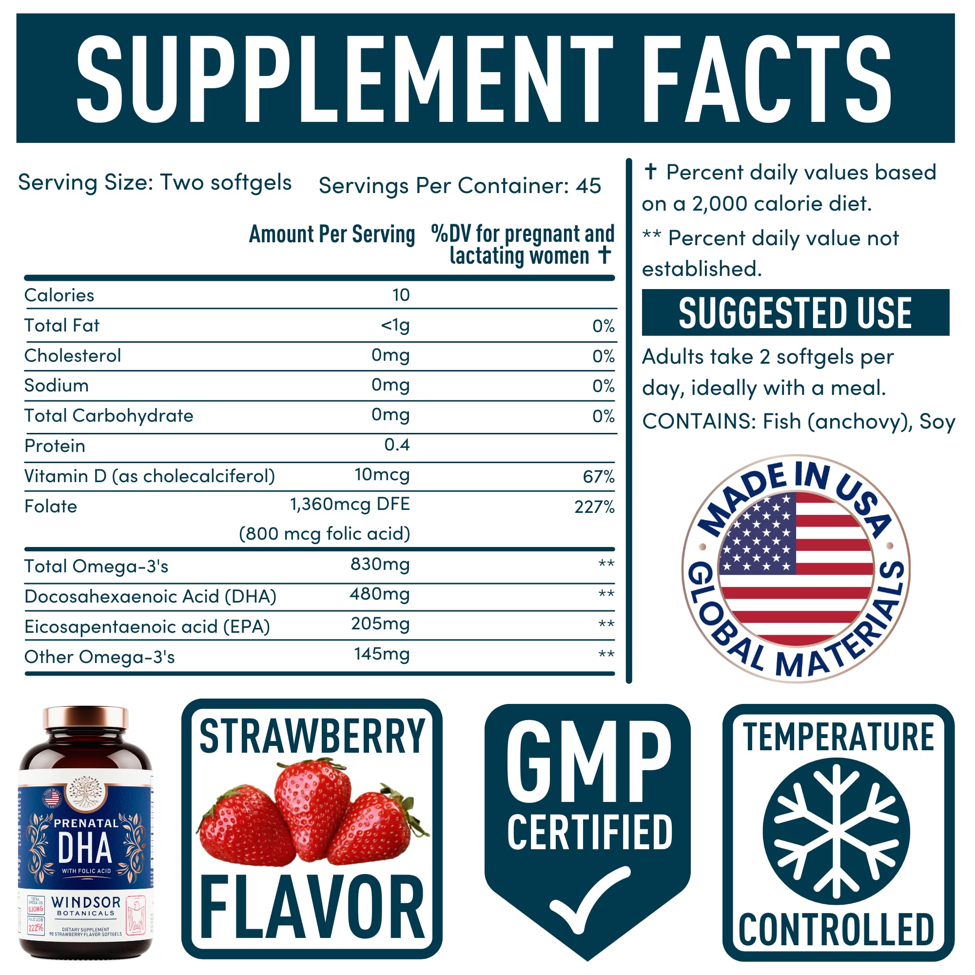 Prenatal DHA and Folic Acid - 830mg Omega-3 (DHA + EPA Fish Oil), 800mcg Folic Acid - High-Potency Prenatal Vitamins for Women - Supports Fetal Development & Baby’s Brain - 90 Strawberry Softgels