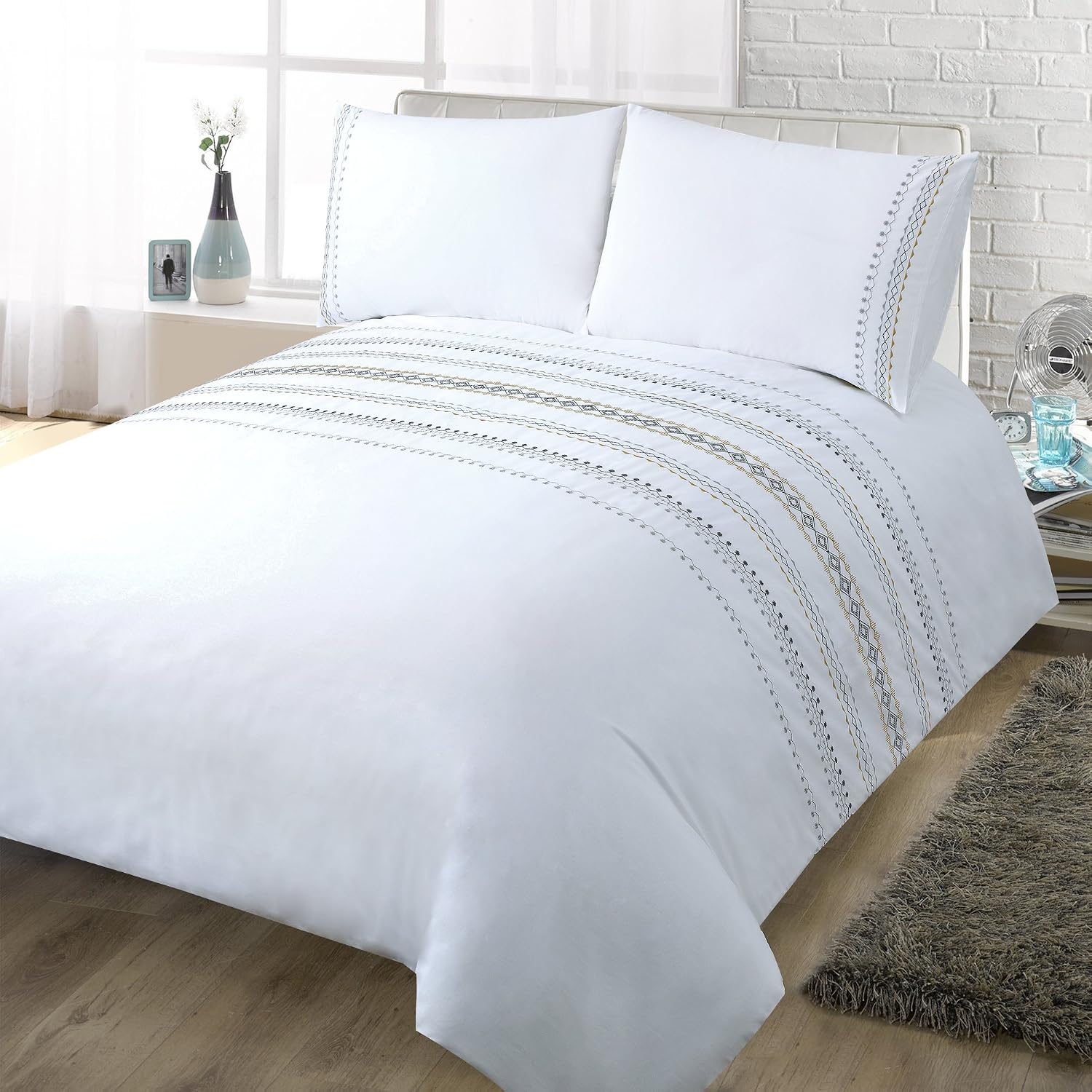 YINFUNG Double Bedding Set White Cotton Duvet Cover Sets Embroidered Geometric Striped Pattern Luxury Breathable Quilt Cover with 2 Pillowcases (White - Image 3