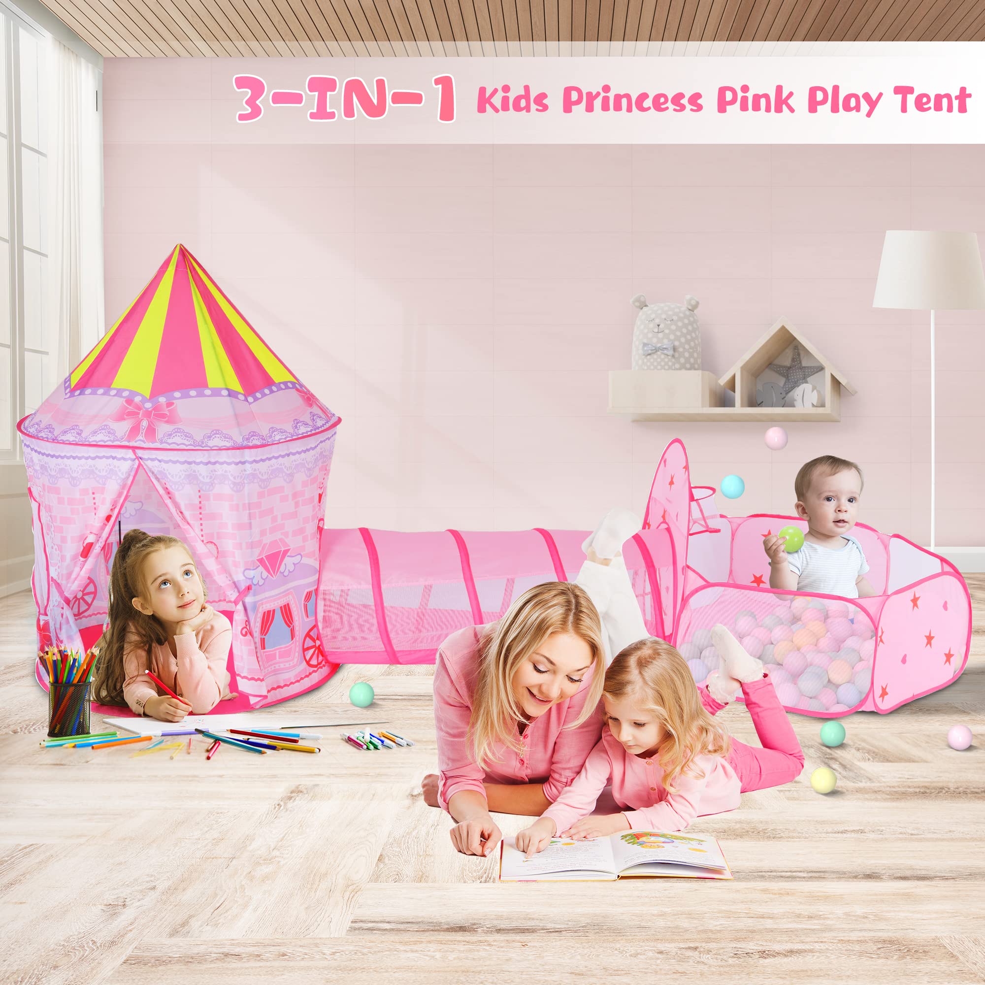 LOJETON 3pc Princess Fairy Tale Kids Play Tent, Oval Crawl Tunnel, Ball Pit for Toddlers, Indoor Outdoor Playhouse Castle Toys, Baby Boys Girls for 3 4 5 6 7 Years Old (Balls Not Included)