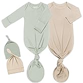 2Pk Newborn Baby Knotted Gown, Super Soft Silky Infant Long Sleeve Sleeper for Baby Sleeping with Hat Light Green & Apricot (2 Packs, Size Newborn)