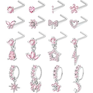 BJFEW 20G Surgical Steel Dangle Nose Rings for Women Gold L Shaped Nose Studs Dangly Nose Rings Hoops Pink CZ Heart Star Butt