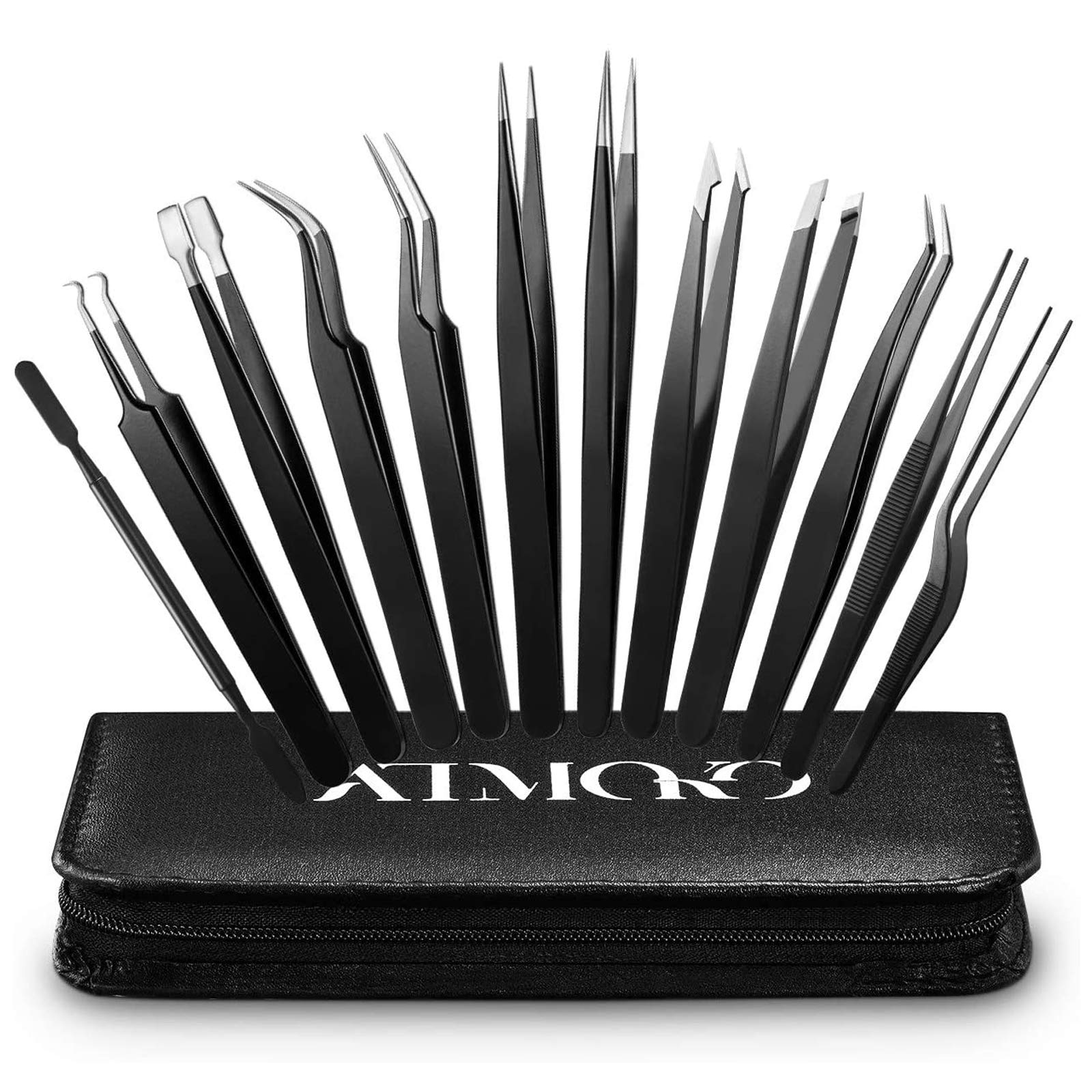 Precision Tweezers Set, ATMOKO 12 PCS ESD Tweezer Set, Anti-Static Stainless Steel Tweezers Kit Curved Tweezers for Craft, Jewelry, Electronics