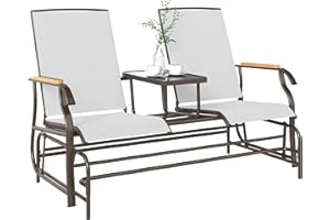 Outsunny 2 Person Outdoor Glider Bench, Patio Swing Glider Chair Loveseat with Breathable Mesh, Table, Steel Frame for Garden, Backyard, Porch, Cream White