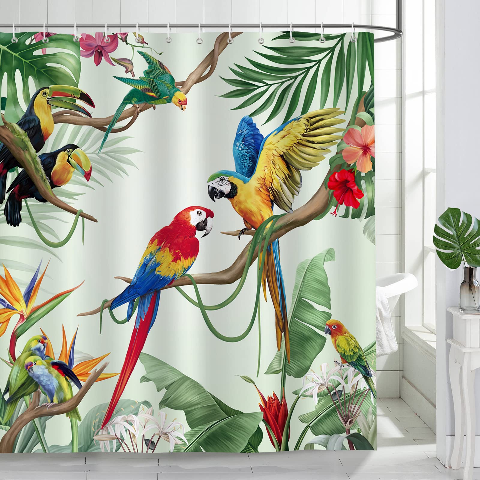 Bonhause Tropical Bird Shower Curtain Parrot Toucan Leaves Summer Bathroom Curtain 180 x 180 cm Waterproof Mildew & Mould Resistant Polyester Fabric Bath Curtain with 12 Hooks