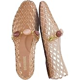 CUSHIONAIRE Sugar Jelly Flats for Women, Embellished Vamp Strap Jelly Shoes | Beach Shoes for Women, Lattice Cutout Upper Jelly Sandals, Almond Toe, Stone Accents, Metal Hardware, Water Resistant PVC