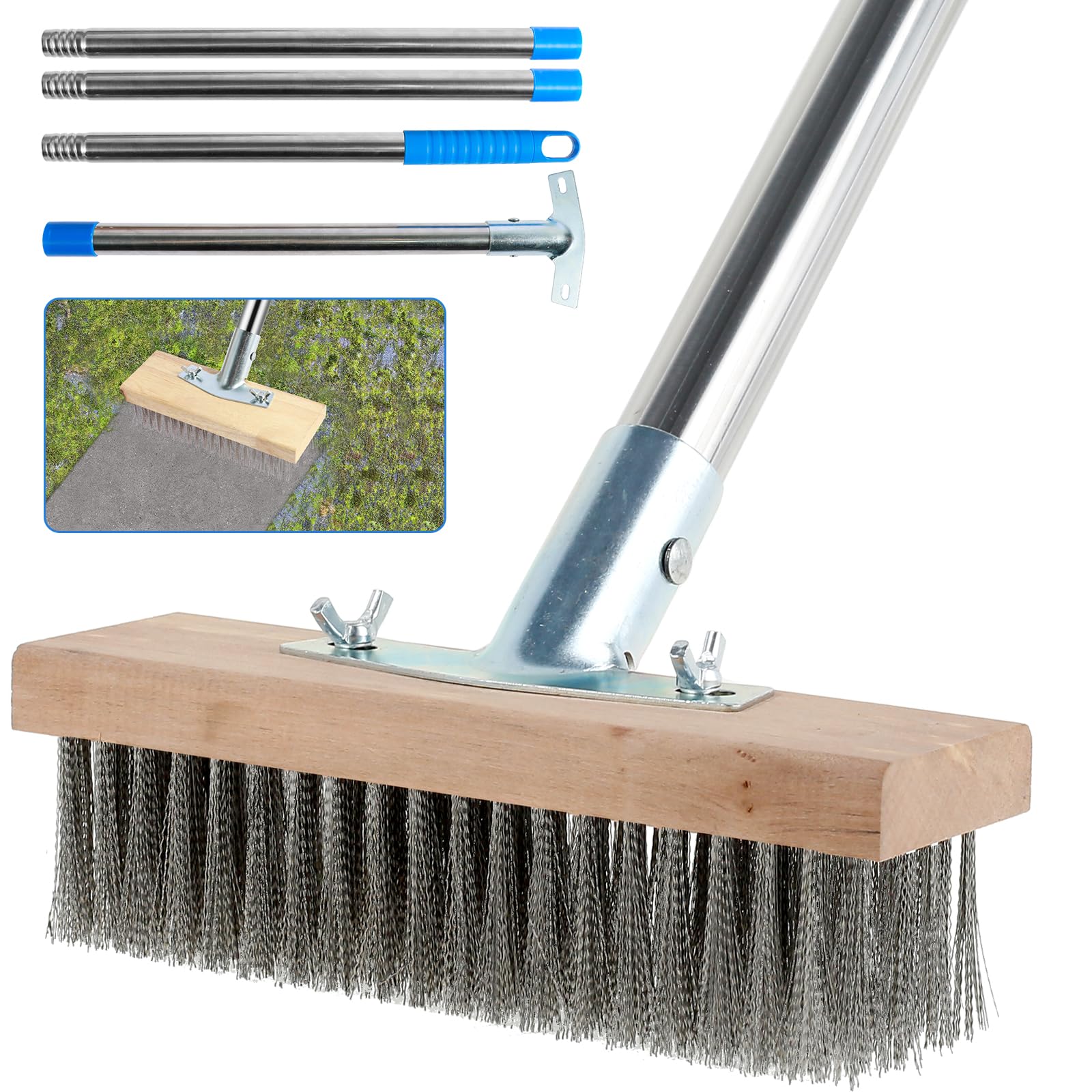 Stainless Steel Wire Broom with 4 Detachable Pole Stiff Metal Brush Deck Scrub Brush Long Handle Floor Scrub Bristles Scrubber Tile Deck Cleaning Tool Wire Broom for Cleaning Moss Grout Garden