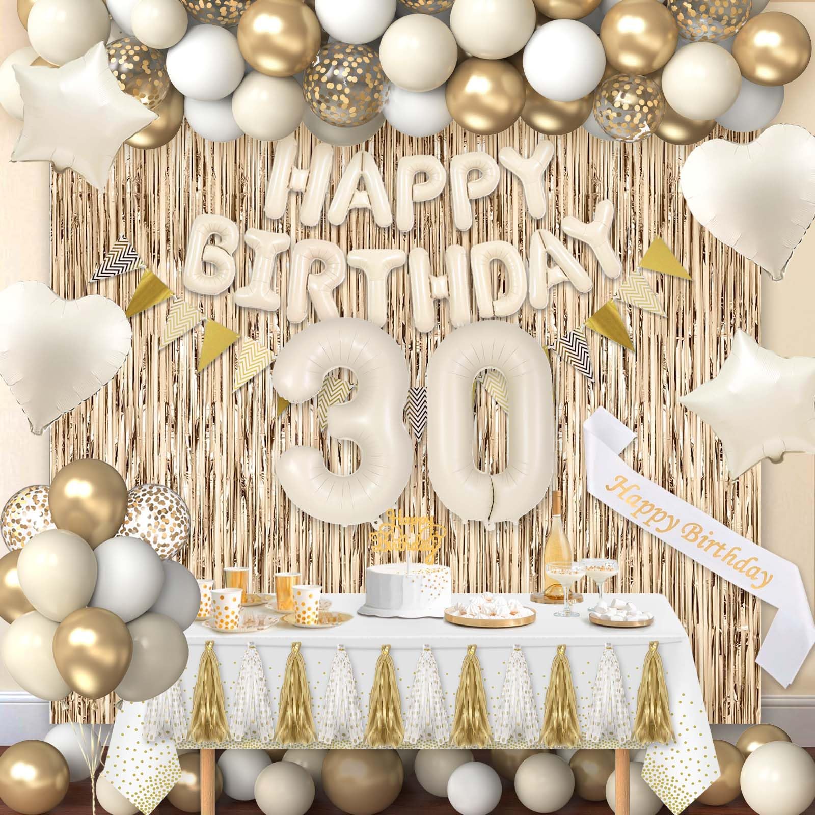 Photo 1 of Miidenks 30th Birthday Decorations for Women, White and Gold 30 Boho Birthday Party Supplies Includes Number Balloons, Banner, Fringe Curtain, Cake Topper