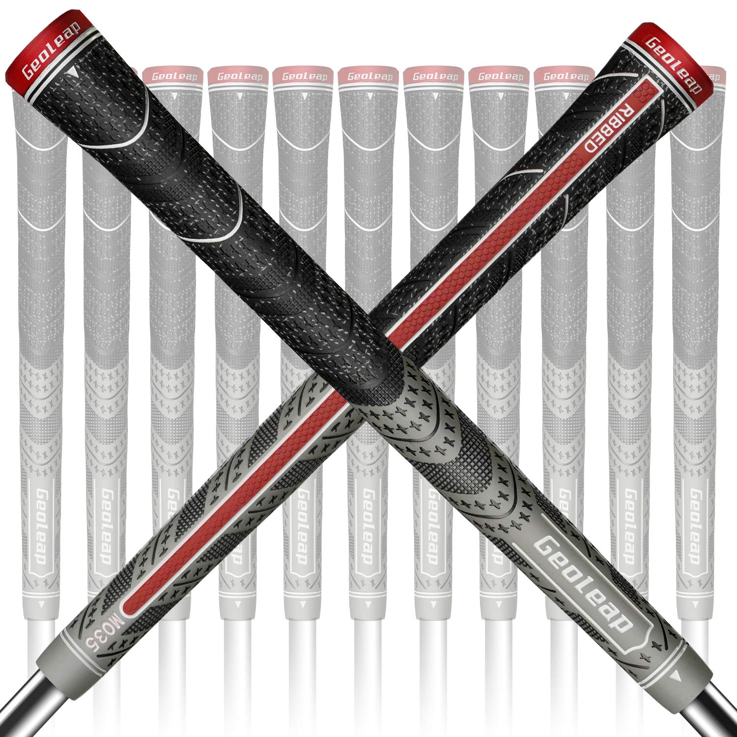 Geoleap Golf Grips Set of 13- Back Rib Improved Control，Multi Compound Rubber And Cord Hybrid Golf Club Grips, Standard/Mdisize, 5 Colors Optional. (Midsize, Gray) Image