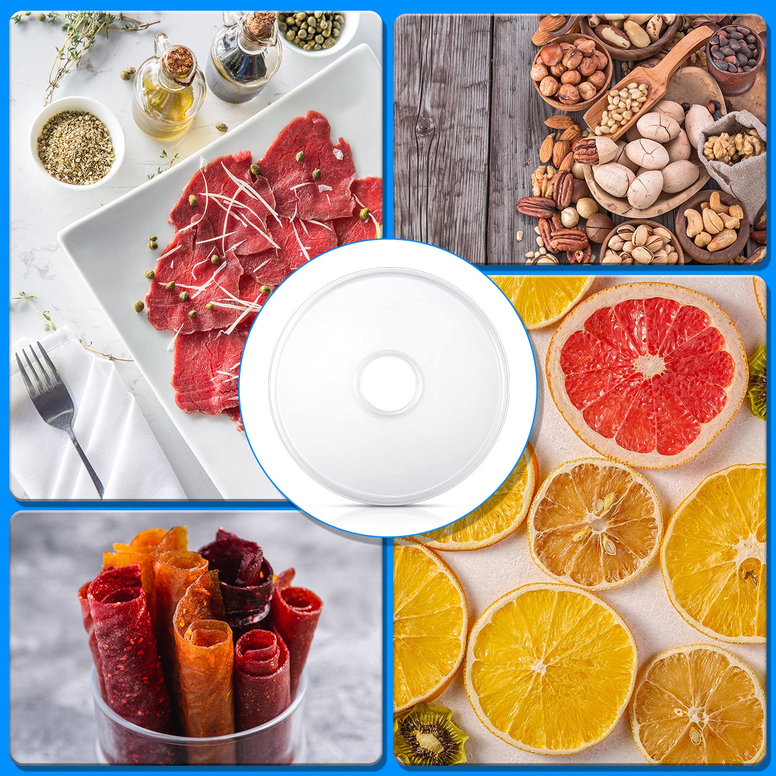 Nuenen 4 Pcs Fruit Roll Dehydrator Sheets 12.2 Inch Round Food Grade Plastic Fruit Roll Sheets White Dried Leather Meat Beef Christmas Birthday Party Home Kitchen Bakery Use(4 Pieces)