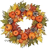 Fall Wreaths for Front Door Outside 24" Autumn Wreath with Fake Pumpkins, Pinecones, Berries, Fall Wreaths for Indoor & Outdoor, Falls Wreath for Home, Porch, Harvest, Halloween, Thanksgiving Decor