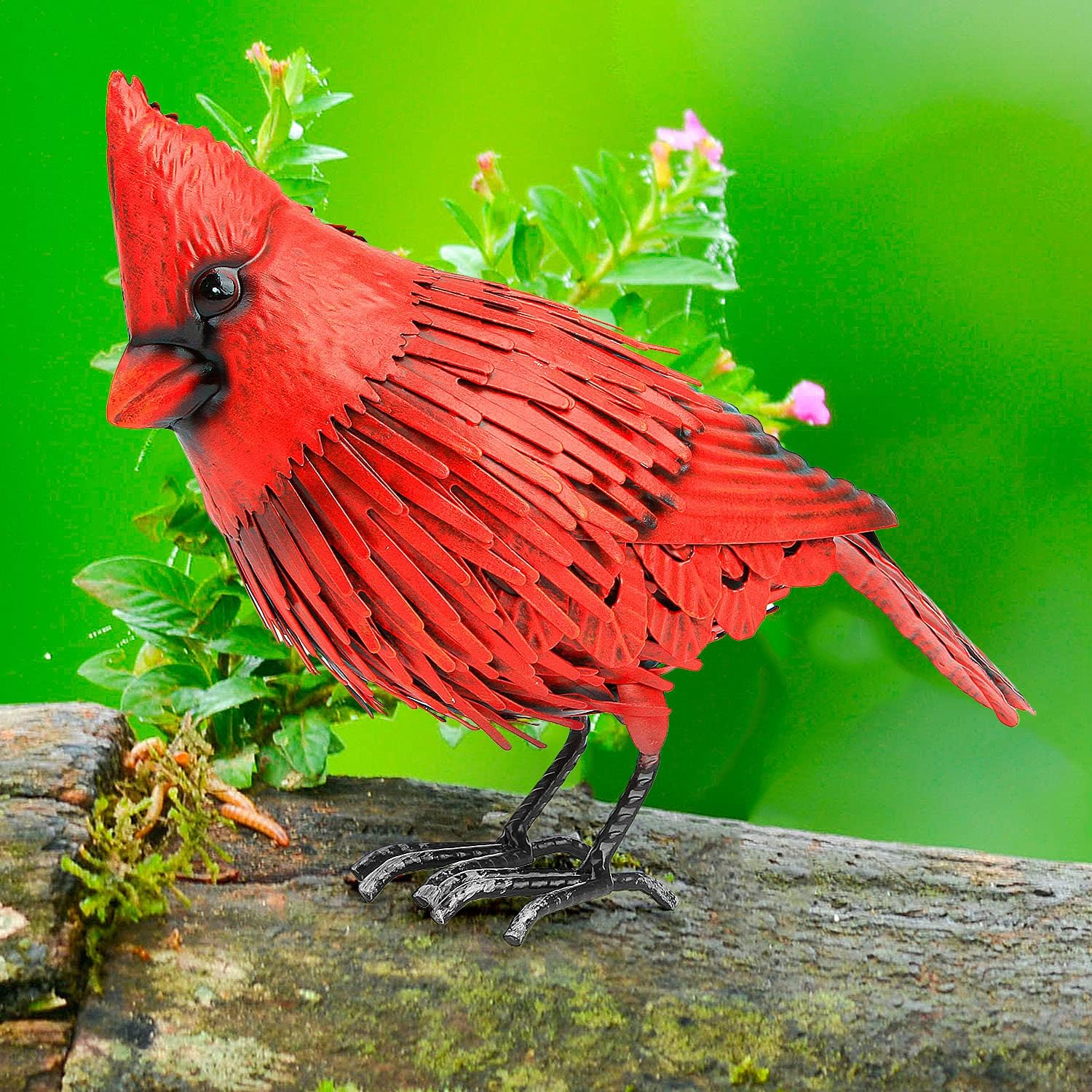Cardinal Metal Bird Garden Decor - Large Red Bird Decoration - Metal Yard Art for Garden, Porch - Handmade, Hand Painted Weatherproof Collectible w/ Unique Realistic Design