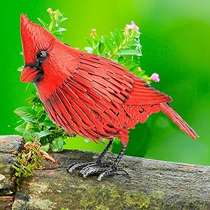 Cardinal Metal Bird Garden Decor - Large Red Bird Decoration - Metal Yard Art for Garden, Porch - Handmade, Hand Painted Weatherproof Collectible w/ Unique Realistic Design