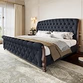 AMERLIFE Queen Sleigh Bed Frame, Upholstered Tufted Headboard, Black | 53" Headboard, Button Tufted Chenille Headboard &amp; Footboard, Carved Solid Wood Leg, Platform Bed, No Box Spring Needed