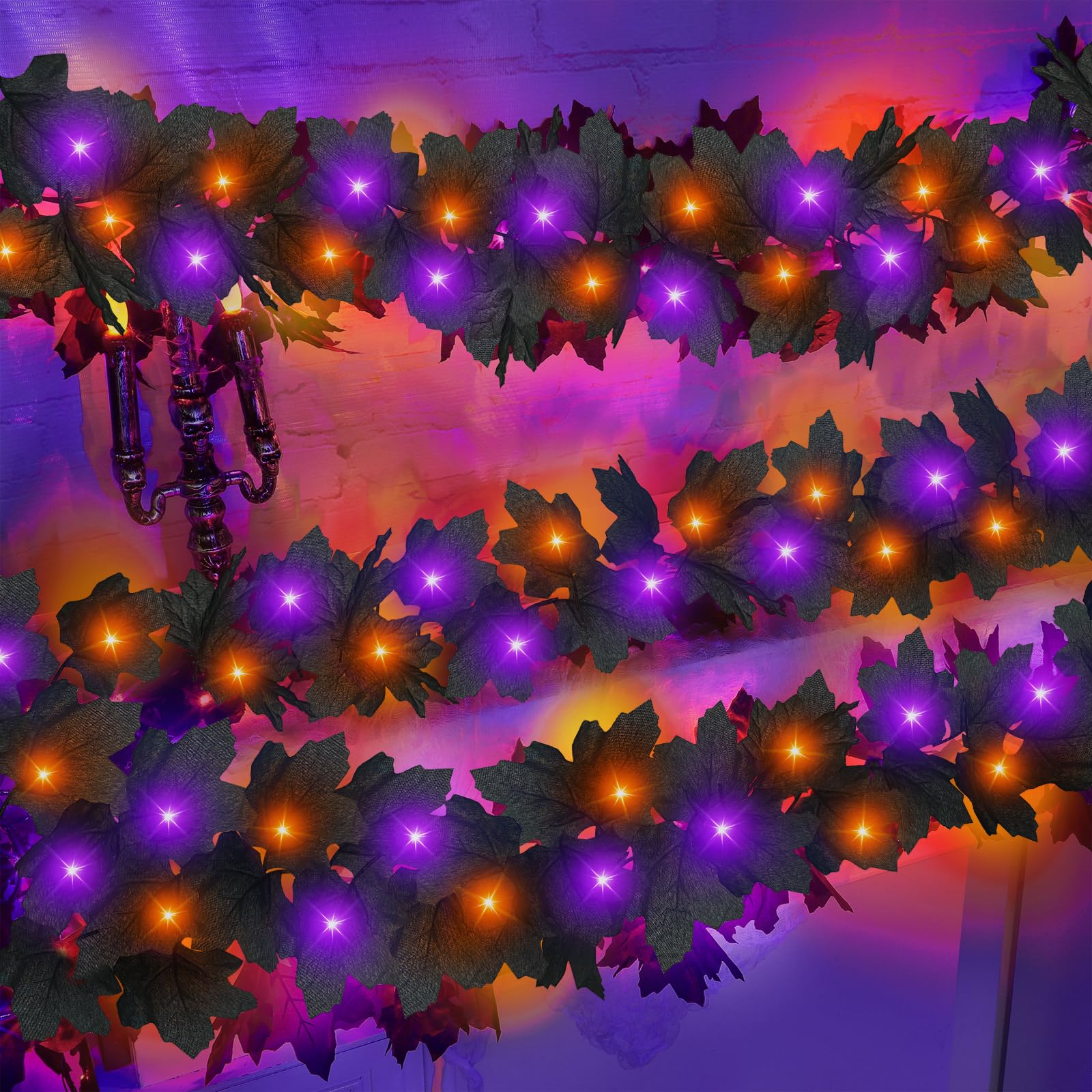 Photo 1 of Timer & 3 Pack - Halloween Garland with Lights Total 18Ft 78LED Orange & Purple Lights Battery Operated Lighted Black Maples Leaves Garland Halloween Decorations Indoor Outdoor Mantle Home Door Stairs